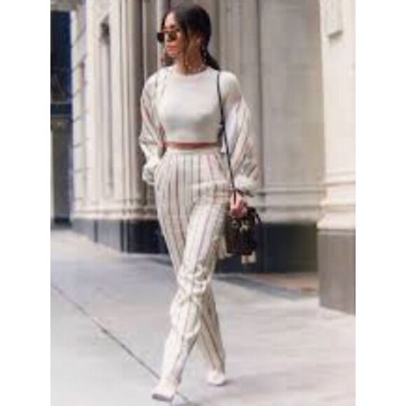 H&M Cream Striped Woman Pants NWT Size 6 - Picture 1 of 10